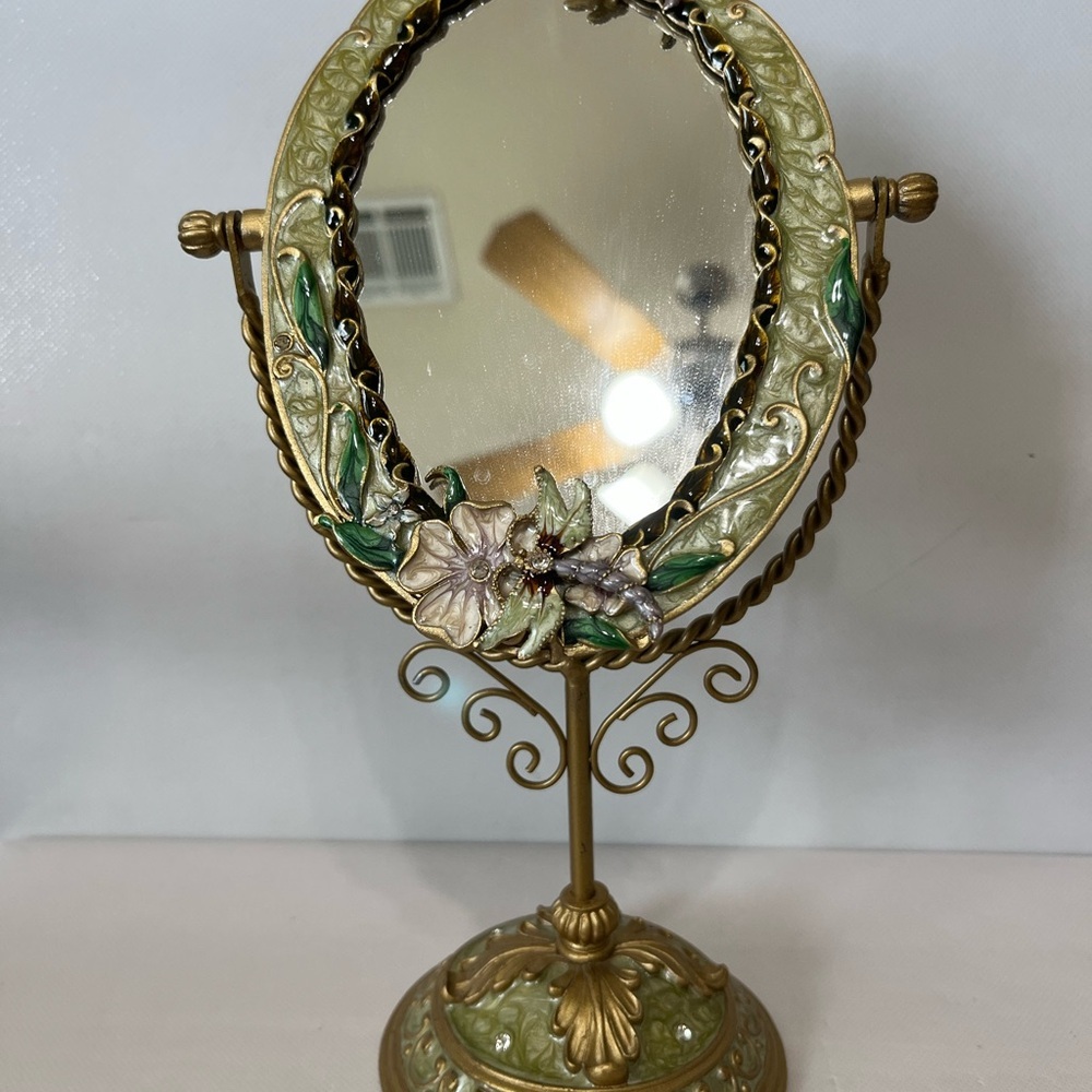 Beautiful Ornate Oval Enamel Dragonfly Vanity Mirror